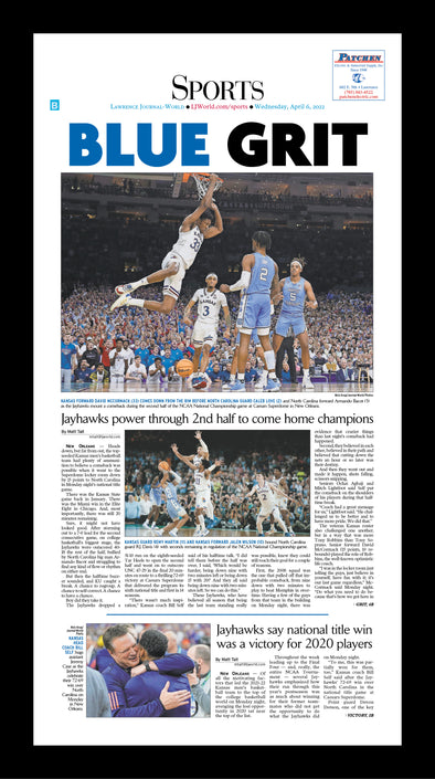 "Blue Grit" Plaque (Sports Section Front Page of April 6, 2022 Lawrence Journal-World)